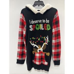 Womens NOBO Black w/Red Plaid Sleeves Hoodie Christmas Tunic Sweater Size XXL